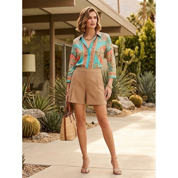 Trina Turk Pants - Trina Turk Tan Khaki High Waisted Tailored Shorts Size 14 Side Zip 162516